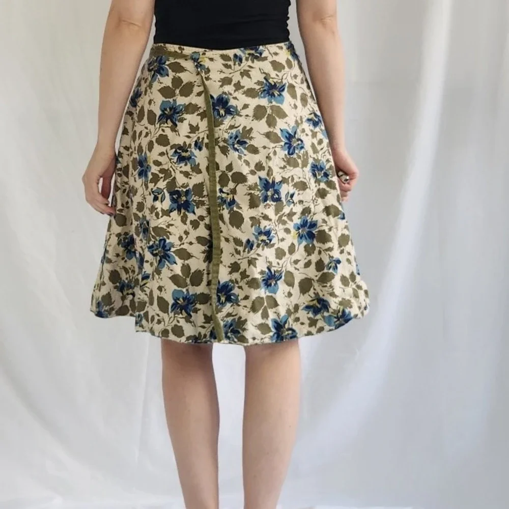 70s Green and Blue Floral Reversible Wrap Skirt‎